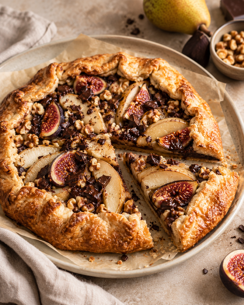 Birnen-Schoko-Galette mit Feigen und Walnüssen auf einem Keramikteller, mit goldbraunem Mürbeteigrand.