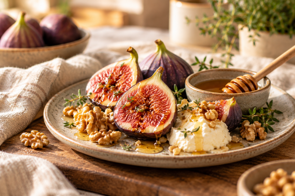 Frische Feigen mit Honig, Walnüssen und cremigem Käse auf einem Keramikteller.