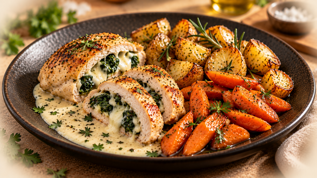 Aufgeschnittene Hähnchenbrust mit Spinat-Mozzarella-Füllung, Rosmarinkartoffeln, glasierten Karotten und Knoblauchsauce auf dunklem Teller