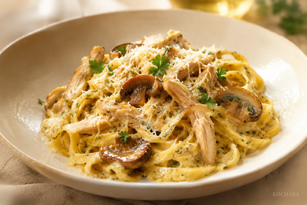 Cremige Tagliatelle mit zartem Hähnchenfleisch, gebratenen braunen Champignons und Parmesan-Rahmsauce auf einem hellen Keramikteller.
