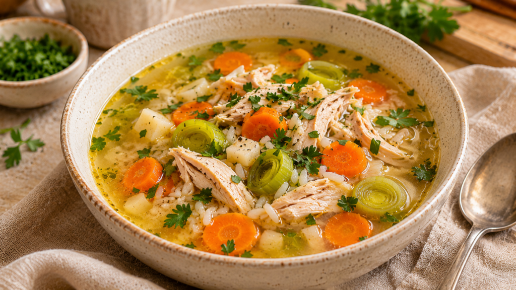 Hausgemachte Hühnersuppe mit zartem Hähnchenfleisch, Karotten, Lauch, Sellerie und Reis in einer hellen Keramikschale.