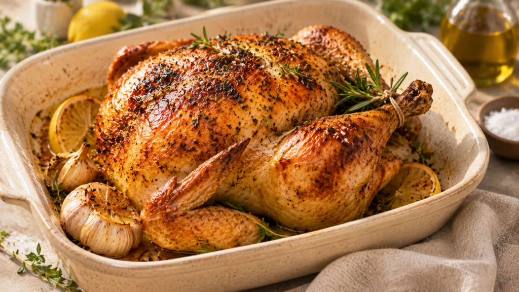 Ganzes knusprig gebratenes Ofenhähnchen mit goldbrauner Haut, Zitrone, Knoblauch und frischen Kräutern in einem hellen Keramikbräter.