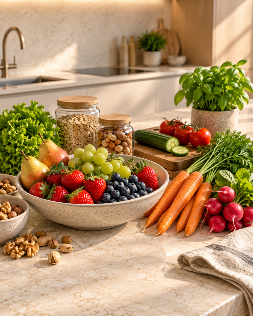 Frisches Obst und Gemüse mit Vorratsgläsern auf einer hellen Küchenarbeitsplatte.