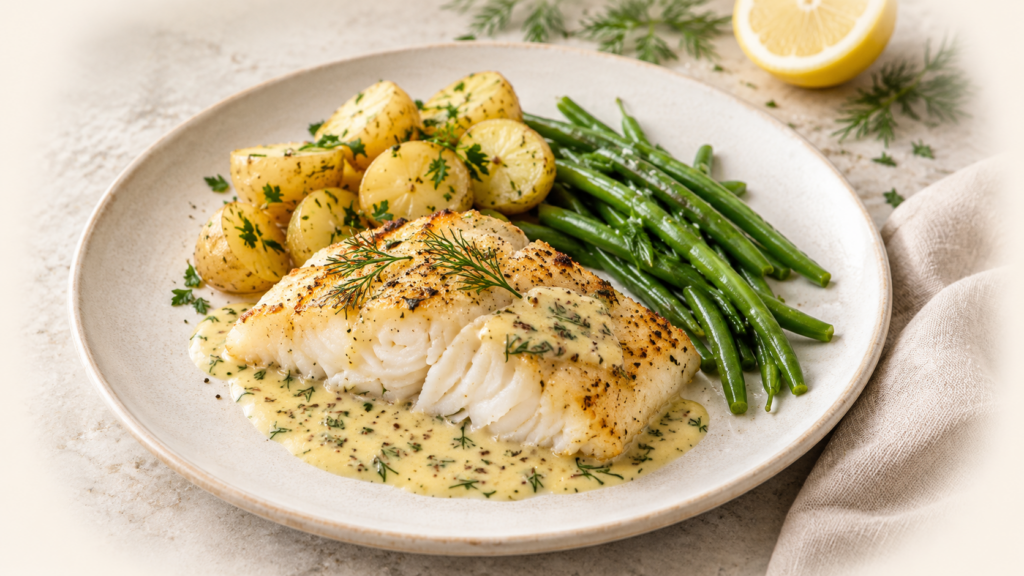 Ofenkabeljau mit cremiger Senf-Dill-Sauce, kleinen Kartoffeln und grünen Bohnen auf einem dunklen Keramikteller
