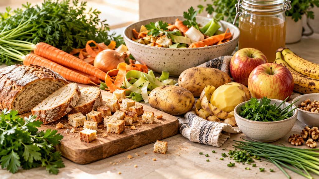 Brot, Kartoffeln, Karotten, Äpfel und Kräuter auf einer Küchenarbeitsplatte – kreative Resteverwertung bei KOCHARA