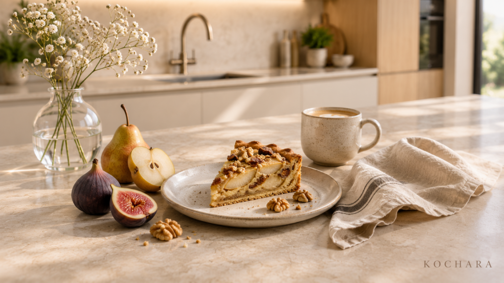 Gemütliche Küchenszene mit selbst gebackenem Kuchen und einer Tasse Kaffee auf einem hellen Natursteintisch.